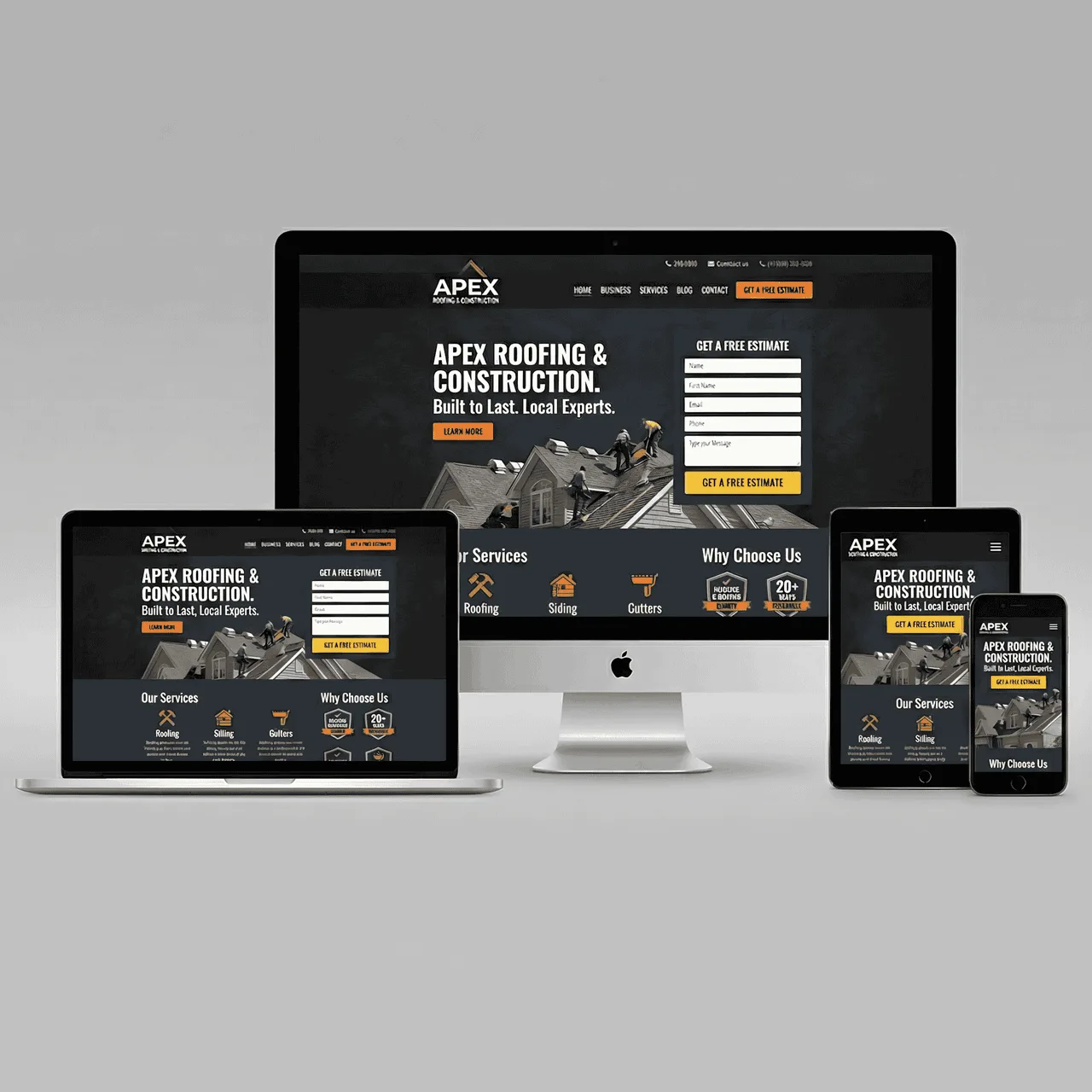 A home-services website shown on desktop, tablet and phone