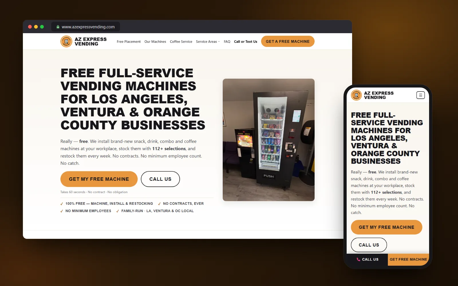 Vending machine website design example: AZ Express Vending's site on desktop and mobile