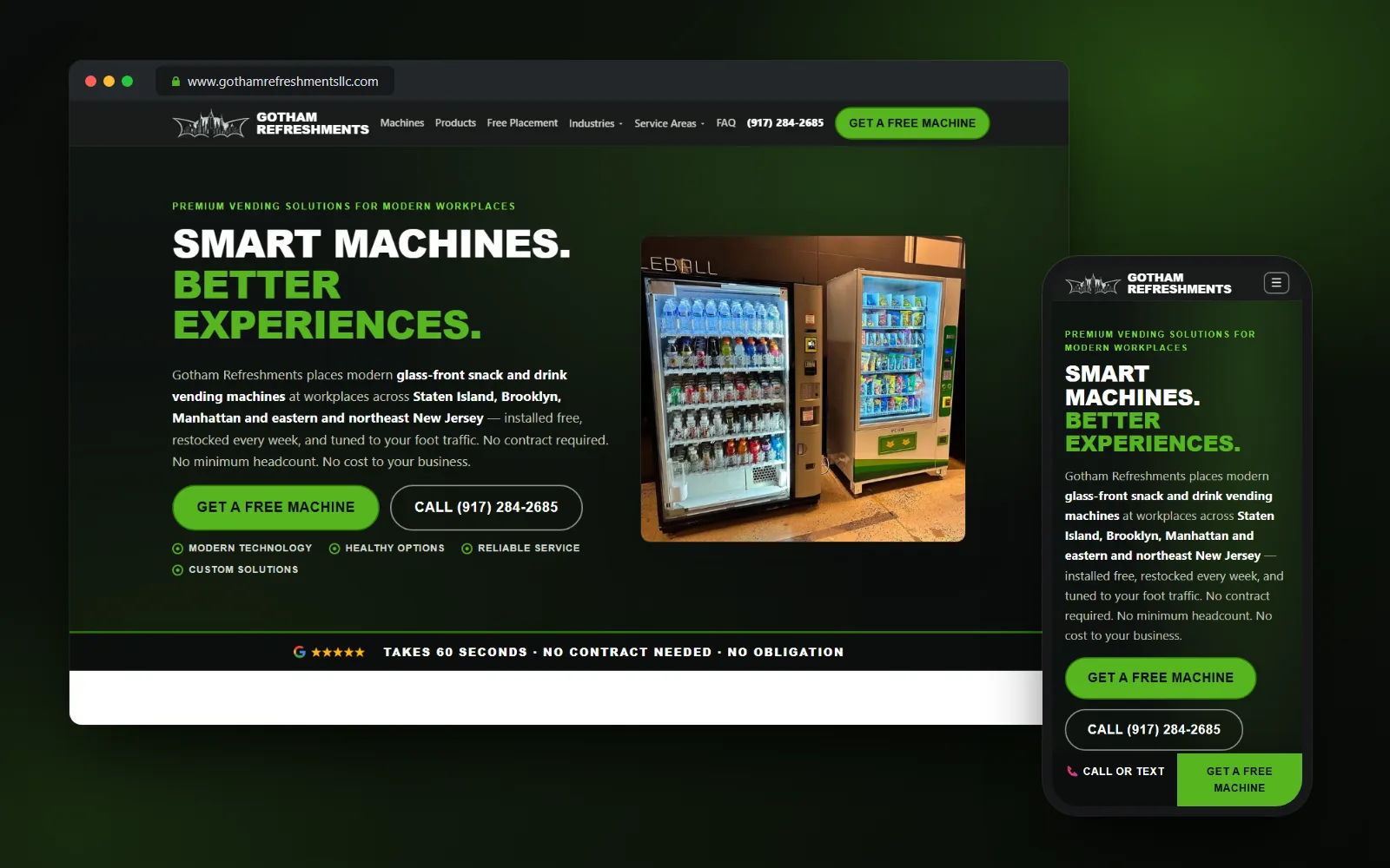 Vending machine website design case study: the finished Gotham Refreshments site on desktop and mobile